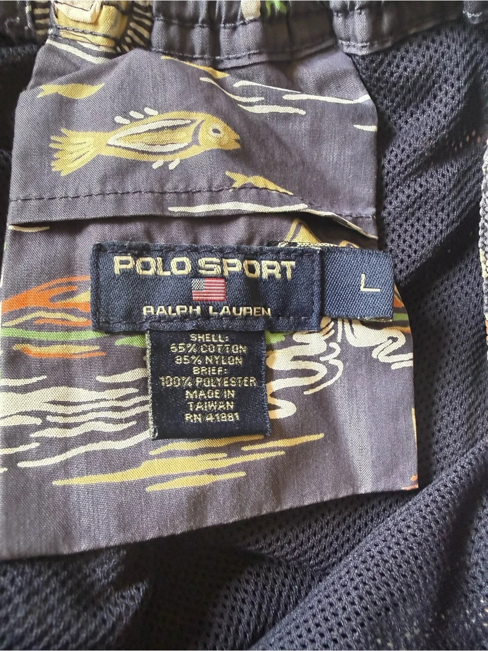 Polo Sport Ralph Lauren Hawaiian Print Swim Trunks Navy Blue Mens Large